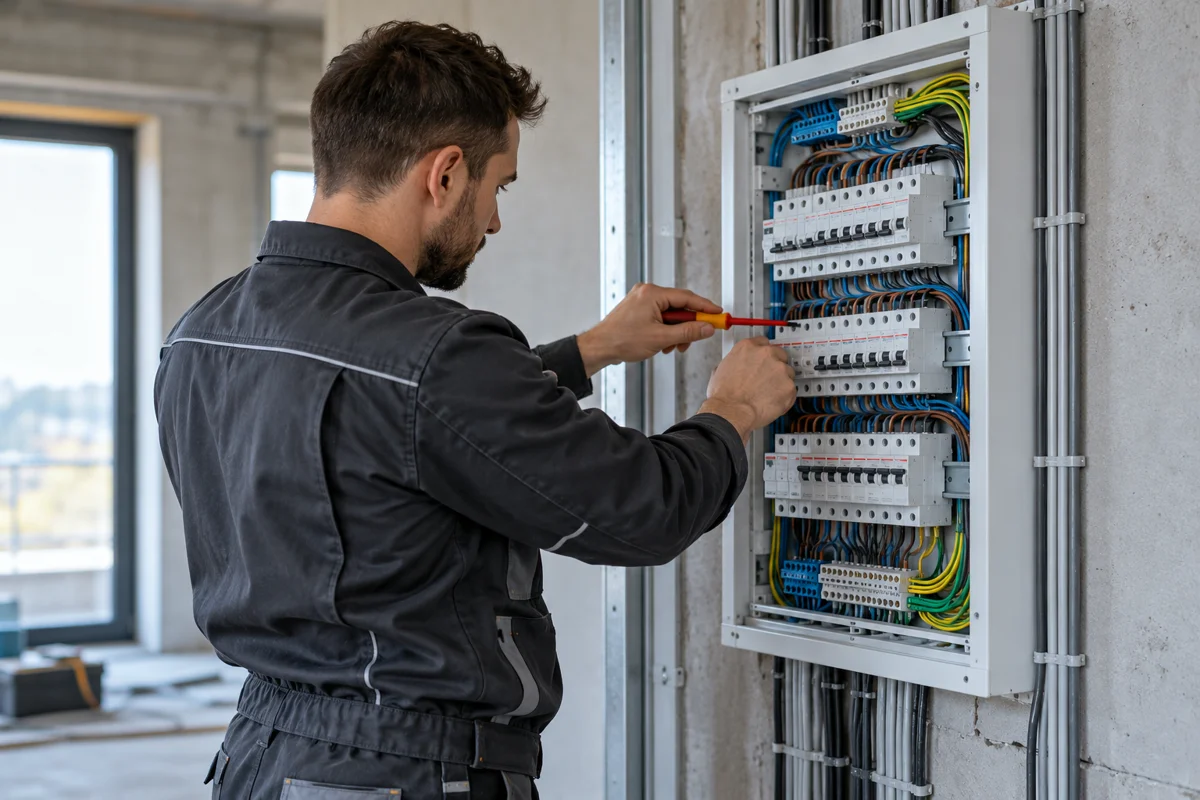 Elektryk kontrolujący uporządkowaną rozdzielnicę elektryczną